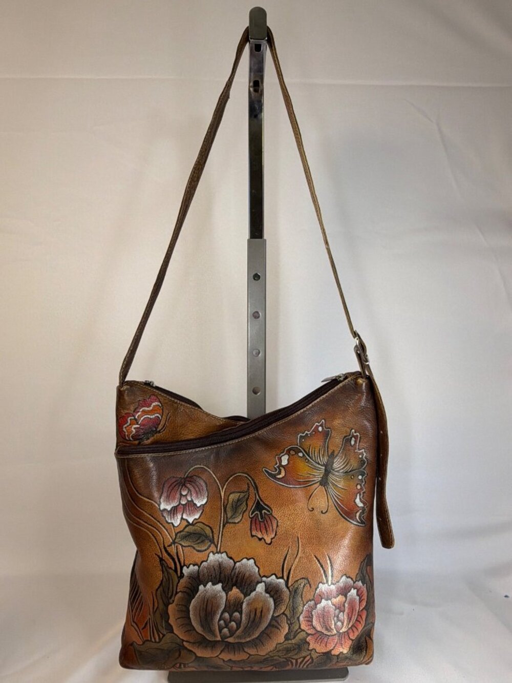 Biacci Crossbody Shoulder Bag Brown Hand Painted Artisan Floral Leather Boho
